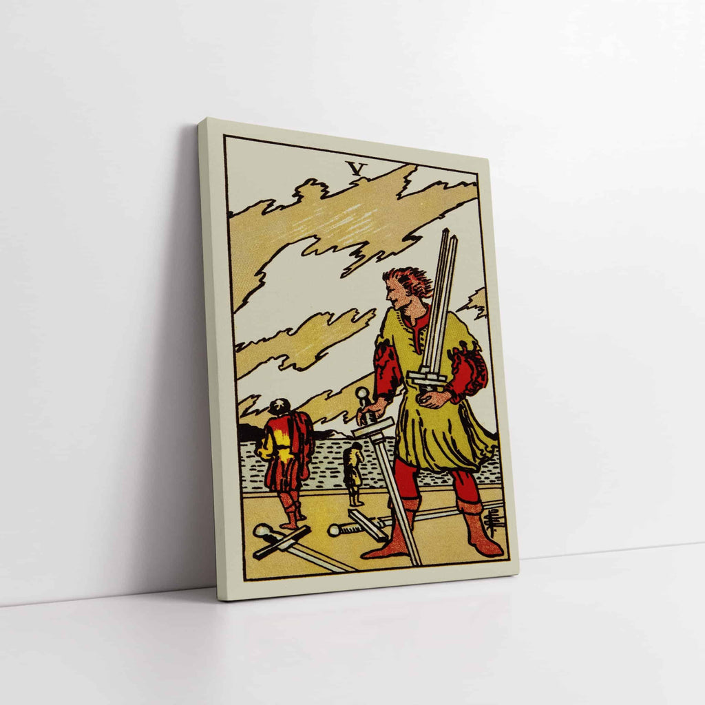Five of Swords Tarot Card Art Print | Canvas wall art print by Wall Nostalgia. Custom Canvas Prints, Canvas wall art canada, Tarot Cards Printing Canada, Tarot Card Art Prints, five of swords Tarot Card canvas art, five of swords tarot card art, Tarot Cards Canada, Tarot Card Pictures, canvas prints calgary canada