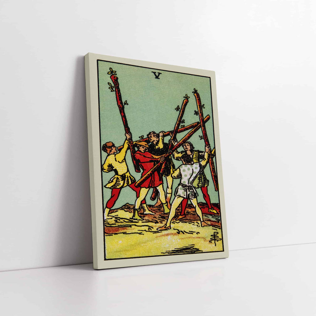 Five of Wands Tarot Card Art Print | Canvas wall art print by Wall Nostalgia. Custom Canvas Prints, Made in Calgary, Canvas wall art canada, Tarot Cards Printing Canada, five of wands Tarot Card Art Prints, Tarot Card canvas art, five of wands tarot card art, Tarot Card Canada, Tarot Card Pictures, canvas prints canada