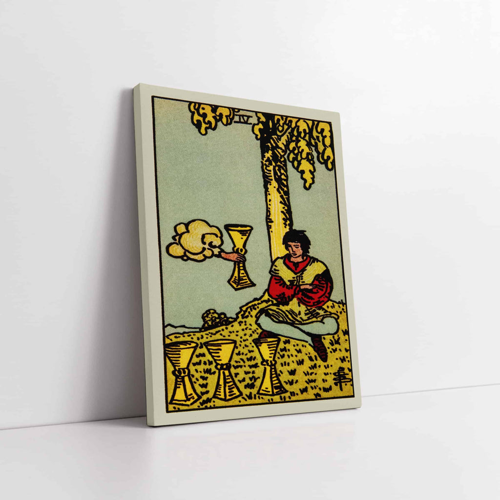 Four of Cups Tarot Card Art Print | Canvas wall art print by Wall Nostalgia. Custom Canvas Prints, Canvas wall art canada, Tarot Cards Printing Canada, Tarot Card Art Prints, Tarot Card canvas art, tarot card art, Tarot Cards Canada, Tarot Card Pictures, canvas prints Canada, four of cups tarot card wall art prints