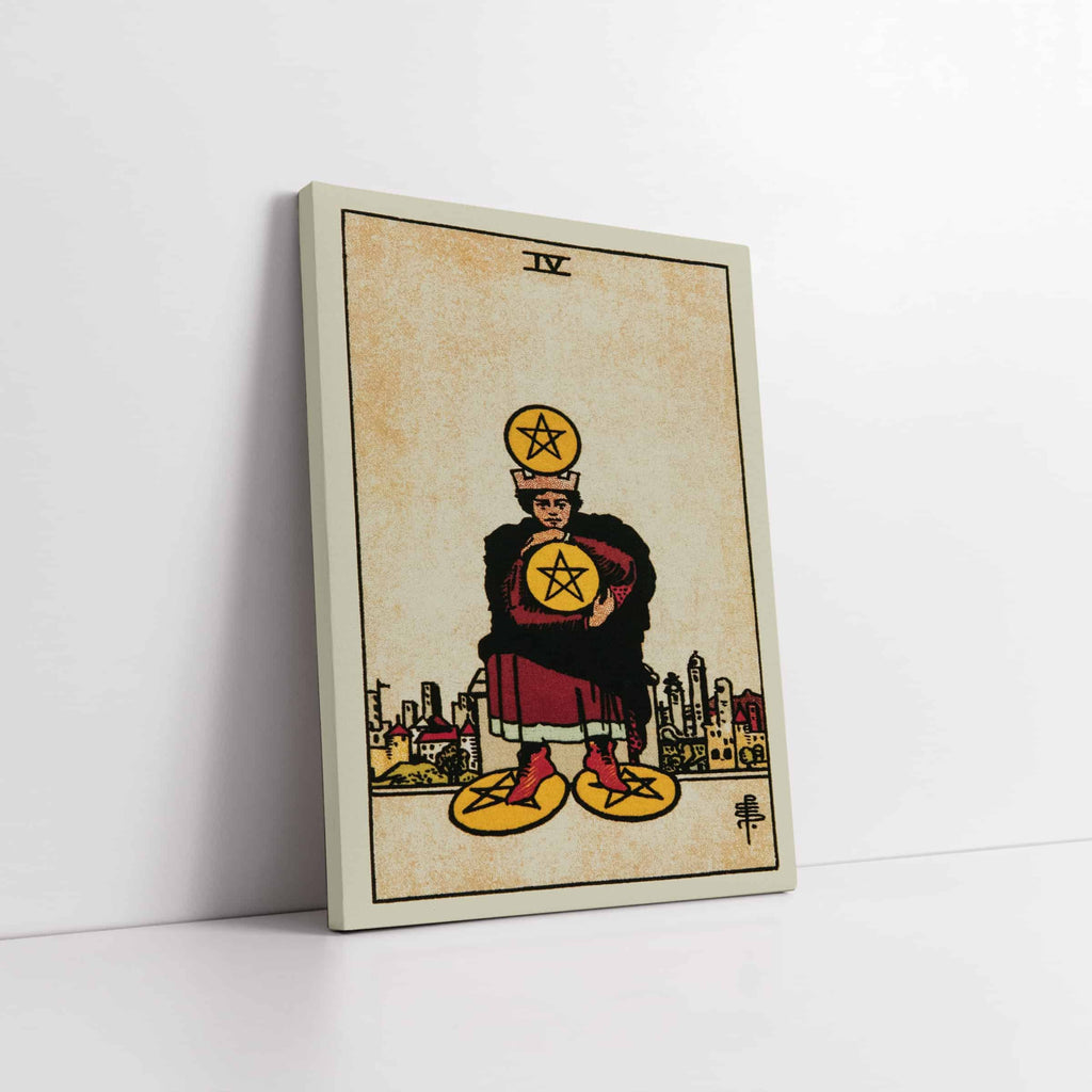 Four of Pentacles Art Print | Canvas wall art print by Wall Nostalgia. Custom Canvas Prints, Made in Calgary, Canvas wall art canada, Tarot Cards Printing Canada, Tarot Card Art Prints, Tarot Card canvas art, tarot card art, Tarot Cards Canada, Tarot Card Pictures, canvas prints Canada, four of pentacles tarot card art