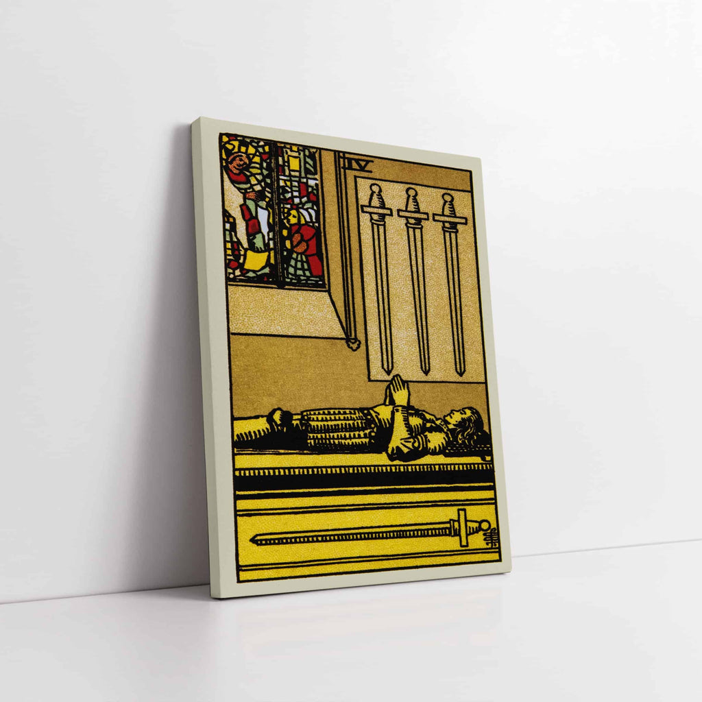 Four of Swords Tarot Art Print | Canvas wall art print by Wall Nostalgia. Custom Canvas Prints, Made in Calgary, Canvas wall art canada, Tarot Cards Printing Canada, Tarot Card Art Prints, Tarot Card canvas art, tarot card art, Tarot Cards Canada, Tarot Card Pictures, canvas prints Canada, four of swords tarot card art