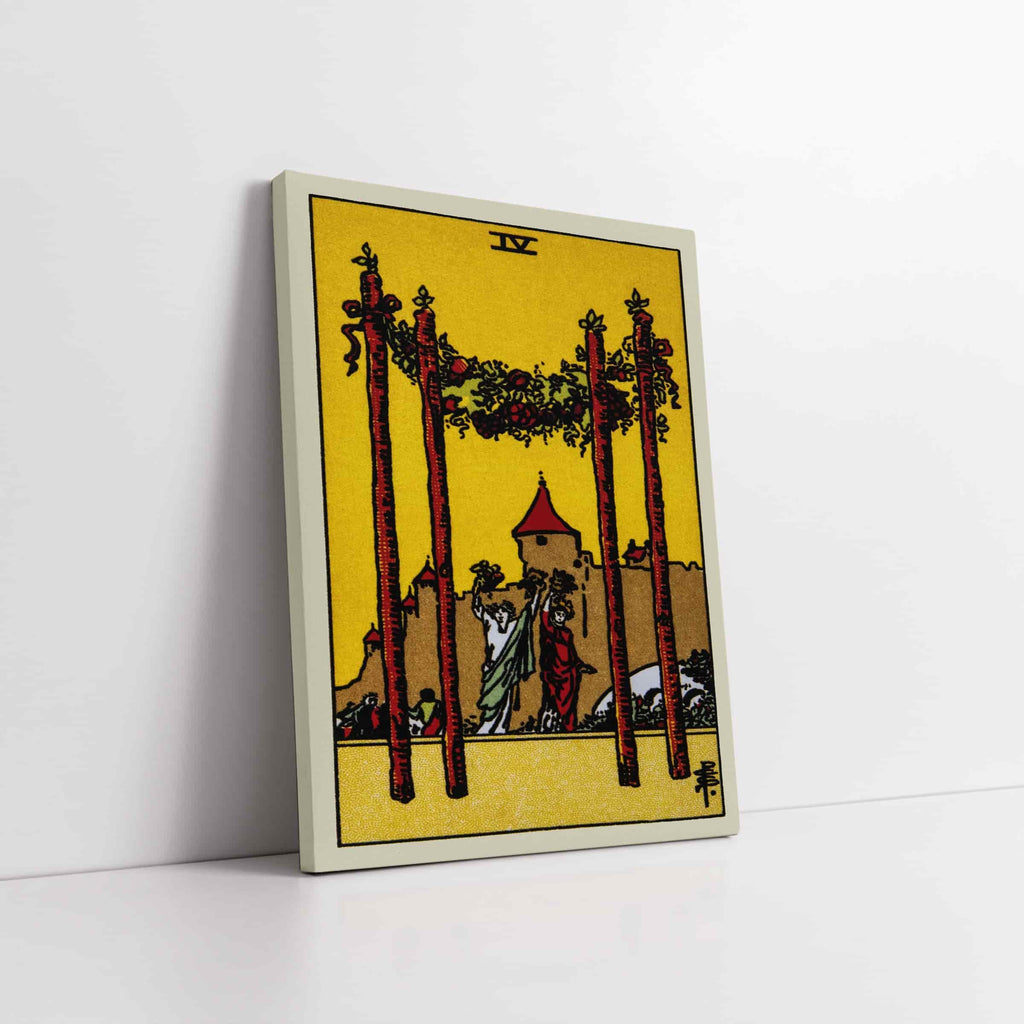 Four of Wands Tarot Card Art Print | Canvas wall art print by Wall Nostalgia. Custom Canvas Prints, Made in Calgary, Canvas wall art canada, Tarot Cards Printing Canada, Tarot Card Art Prints, Tarot Card canvas art, tarot card art, Tarot Cards Canada, Tarot Card Pictures, canvas prints Canada, four of wands tarot card 