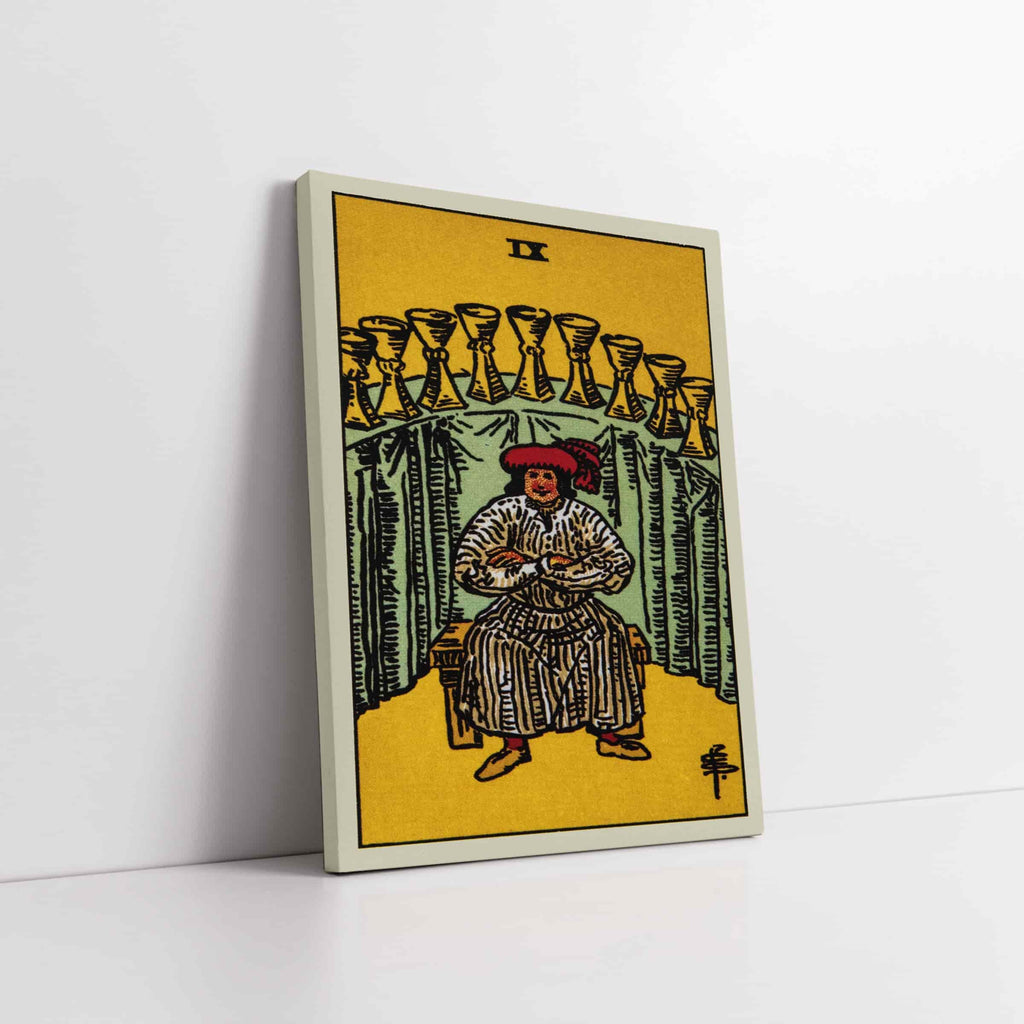 Nine of Cups Tarot Card Art Print | Canvas wall art print by Wall Nostalgia. Custom Canvas Prints, Made in Calgary, Canvas wall art canada, Tarot Cards Printing Canada, Nine of Cups Tarot Card Art Prints, Tarot Card canvas art, Nine of Cups tarot card art, Tarot Cards Canada, Tarot Card Pictures, canvas prints Canada