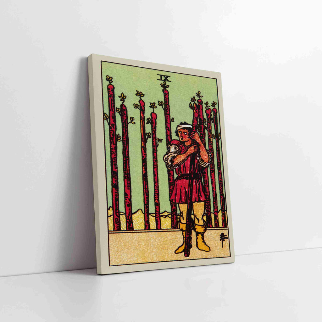 Nine of Wands Tarot Card Canvas Print | Canvas wall art print by Wall Nostalgia. Custom Canvas Prints, Made in Calgary, Canvas wall art canada, Tarot Cards Printing Canada, Nine of Wands Tarot Card Art Prints, Tarot Card canvas art, tarot card art, Tarot Cards Canada, Tarot Card Pictures, canvas prints Canada, wall art