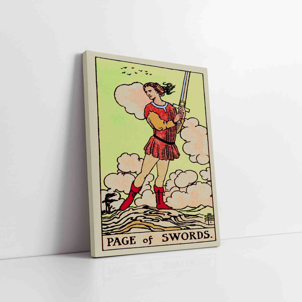 Page of Swords Tarot Card Canvas Print | Canvas wall art print by Wall Nostalgia. Custom Canvas Prints, Made in Calgary, Canvas wall art canada, Tarot Cards Printing Canada, Page of Swords Tarot Card Art Prints, Tarot Card canvas art, tarot card art, Tarot Cards Canada, Tarot Card Pictures, canvas prints Canada