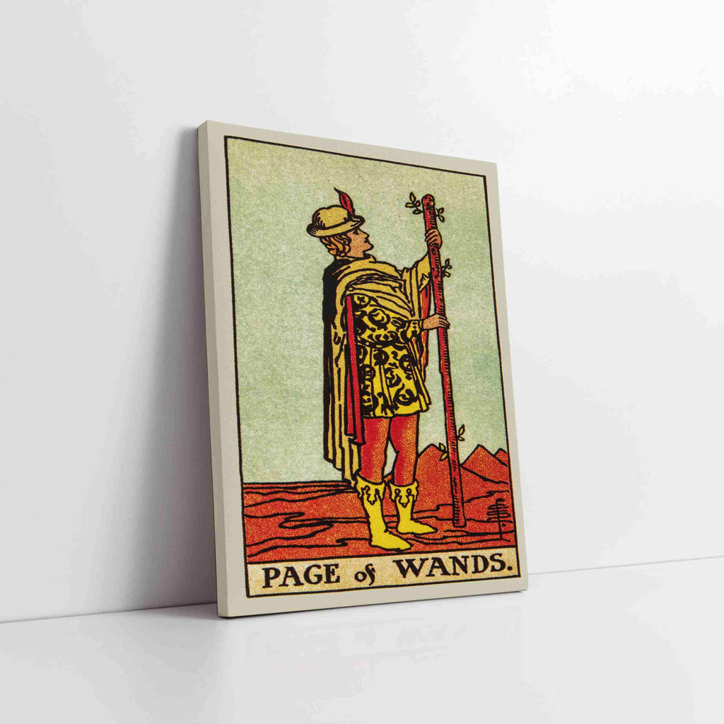 Page of Wands Tarot Card Canvas Print | Canvas wall art print by Wall Nostalgia. Custom Canvas Prints, Made in Calgary, Canvas wall art canada, Tarot Cards Printing Canada, Tarot Card Art Prints, Tarot Card canvas art, page of wands tarot card art, Tarot Cards Canada, Tarot Card Pictures, canvas prints Canada