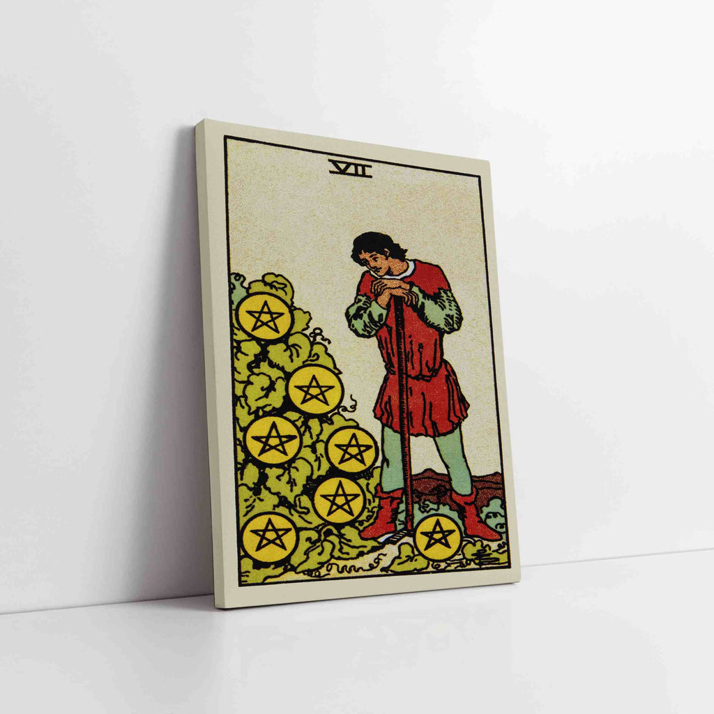 Seven of Pentacles Tarot Card Canvas Print | Canvas wall art prints by Wall Nostalgia. Custom canvas prints made in Calgary, canvas wall art canada, tarot cards printing Canada, tarot card art prints, tarot card canvas art, seven of pentacles tarot card art, tarot cards canada, tarot card pictures, canvas prints Canada