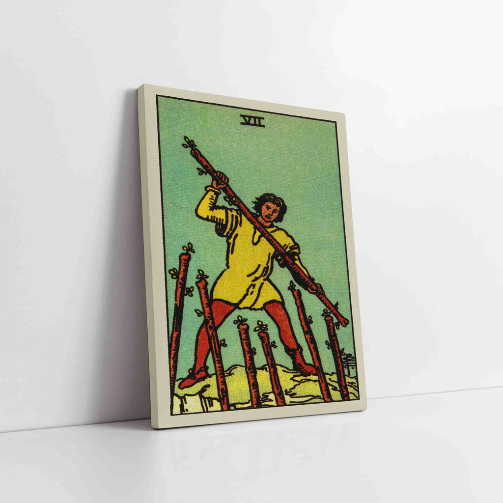 Seven of Wands Tarot Card Canvas Print | Canvas wall art prints by Wall Nostalgia. Custom canvas prints made in Calgary, canvas wall art canada, tarot cards printing Canada, tarot card art prints, tarot card canvas art, seven of wands tarot card art, tarot cards canada, tarot card pictures, canvas prints Canada, tarot