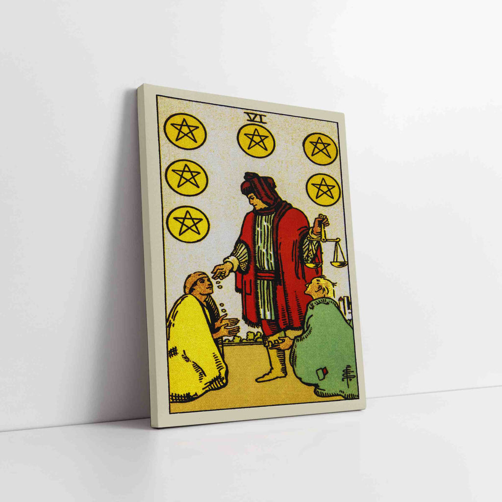 Six of Pentacles Tarot Card Canvas Print | Canvas wall art prints by Wall Nostalgia. Custom canvas prints made in Calgary, canvas wall art canada, tarot cards printing Canada, tarot card art prints, tarot card canvas art, six of pentacles tarot card art, tarot cards canada, tarot card pictures, canvas prints Canada