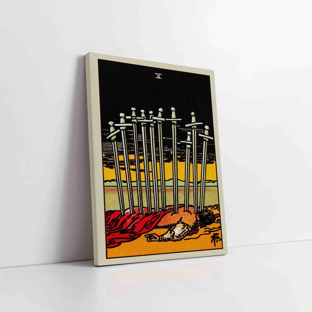Ten of Swords Tarot Card Canvas Print | Canvas wall art prints by Wall Nostalgia. Custom canvas prints made in Calgary, canvas wall art canada, tarot cards printing Canada, ten of swords tarot card art print, tarot card canvas art, tarot card art, tarot cards canada, tarot card pictures, tarot card canvas prints Canada