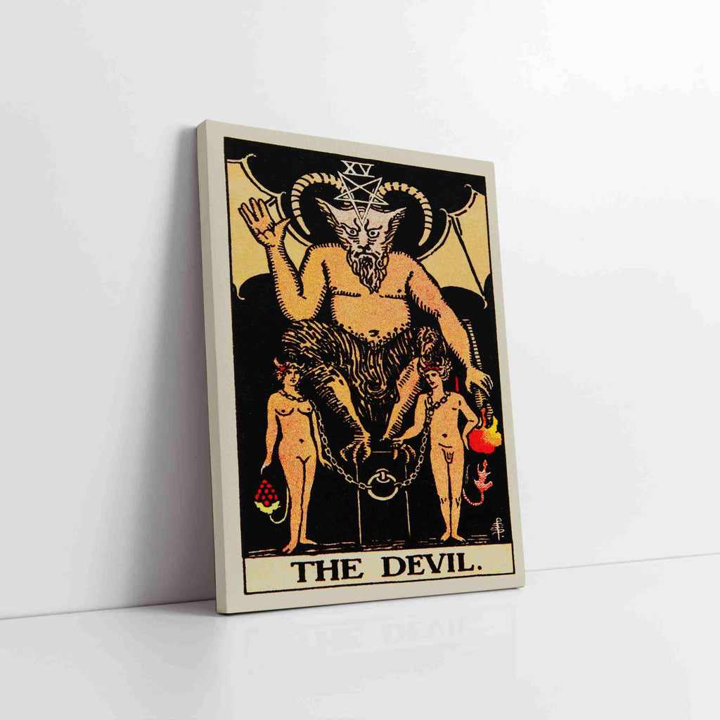 The Devil Tarot Card Canvas Print | Canvas wall art prints by Wall Nostalgia. Custom canvas prints made in Calgary, canvas wall art canada, tarot cards printing Canada, the devil tarot card art prints, tarot card canvas art, devil tarot card art, tarot cards canada, tarot card pictures, canvas prints Canada, tarot deck