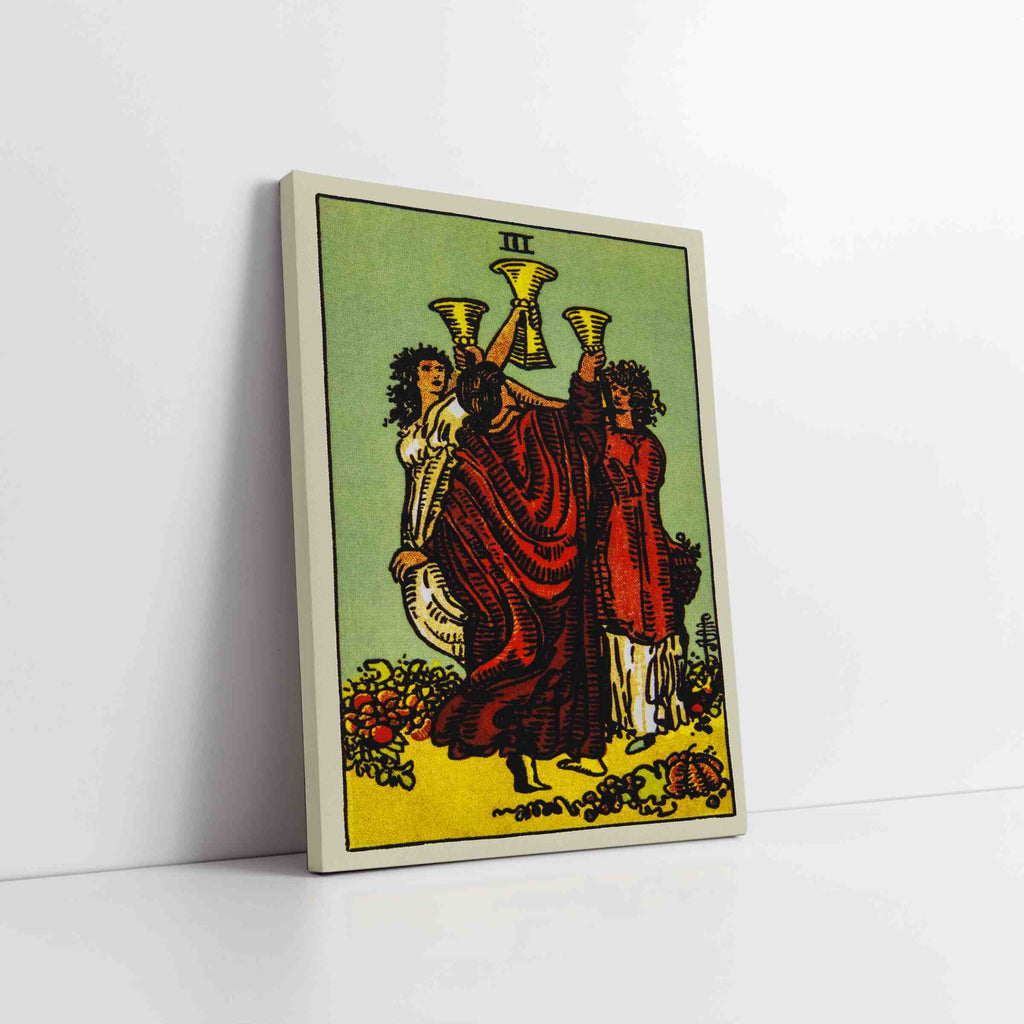 Three of Cups Tarot Card Canvas Print | Canvas wall art by Wall Nostalgia. Custom canvas prints made in Calgary, canvas wall art canada, tarot cards printing Canada, tarot card art prints, three of cups tarot card canvas art, three of cups tarot card art, tarot cards  canada, tarot card pictures, canvas art Canada