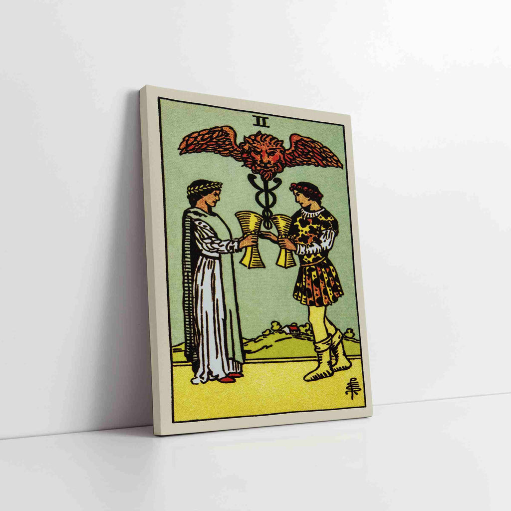 Two of Cups Tarot Card Canvas Print | Canvas wall art prints by Wall Nostalgia. Custom canvas prints made in Calgary, canvas wall art canada, tarot cards printing Canada, tarot card art prints, two of cups tarot card canvas art, two of cups tarot card art, tarot cards canada, tarot card pictures, canvas prints Canada