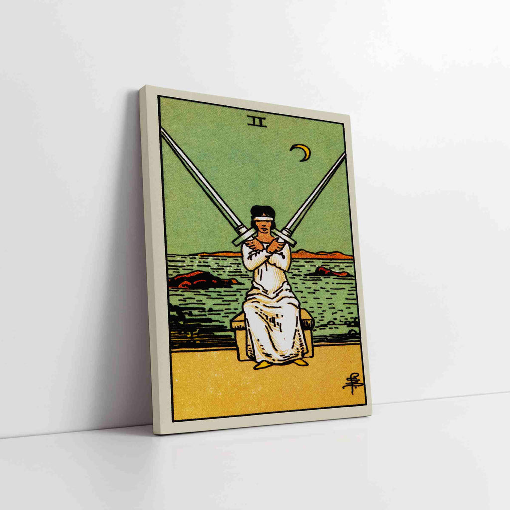 Two of Swords Tarot Card Canvas Print | Canvas wall art prints by Wall Nostalgia. Custom canvas prints, canvas wall art canada, tarot cards printing Canada, tarot card art prints, two of swords tarot card canvas art, two of swords tarot card art, tarot cards canada, tarot card pictures, canvas prints Canada