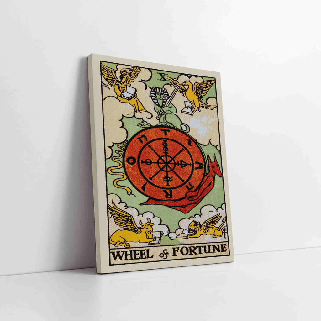 Wheel of Fortune Tarot Card Canvas Print | Canvas wall art prints by Wall Nostalgia. Custom canvas prints made in Calgary, canvas wall art canada, tarot cards printing Canada, tarot card art prints, wheel of fortune tarot card canvas art, tarot card art, tarot cards canada, tarot card pictures, canvas prints Canada