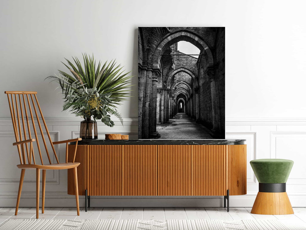 Stonework Corridors Canvas Print | Canvas wall art print by Wall Nostalgia. Custom Canvas Prints, Made in Calgary, Canada | Large canvas prints, Architecture Canvas Print, Door Print, Door Canvas Wall Art, Architecture Print, Architecture Art Print, Black and White Wall Art of Doorway, Black and White Photo Print