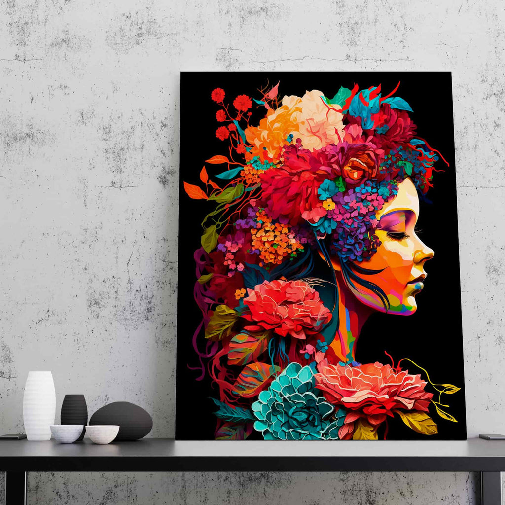 Flower Woman Print | Canvas wall art print by Wall Nostalgia. Custom Canvas Prints, Made in Calgary, Canada | Large canvas prints, framed canvas prints, Flower Woman Canvas Print | Feminine Wall Art, Girly Wall Art, Flower Head Art, Flower Head Woman, Flower Head Wall Art, Floral Art Print, Floral Head Print, Flowers