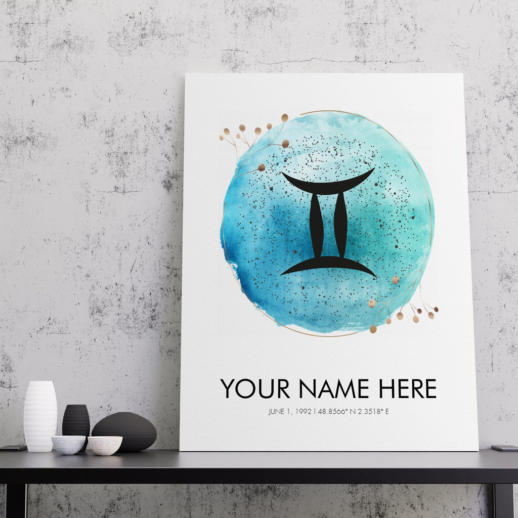 Our customizable zodiac watercolor prints let you create personalized wall art using a birth date and location. Four design styles to choose from: zodiac symbol, zodiac constellation map, realistic, and childish. The zodiac constellation print maps can be ready-to-hang canvas wall art, a framed print, or rolled print.