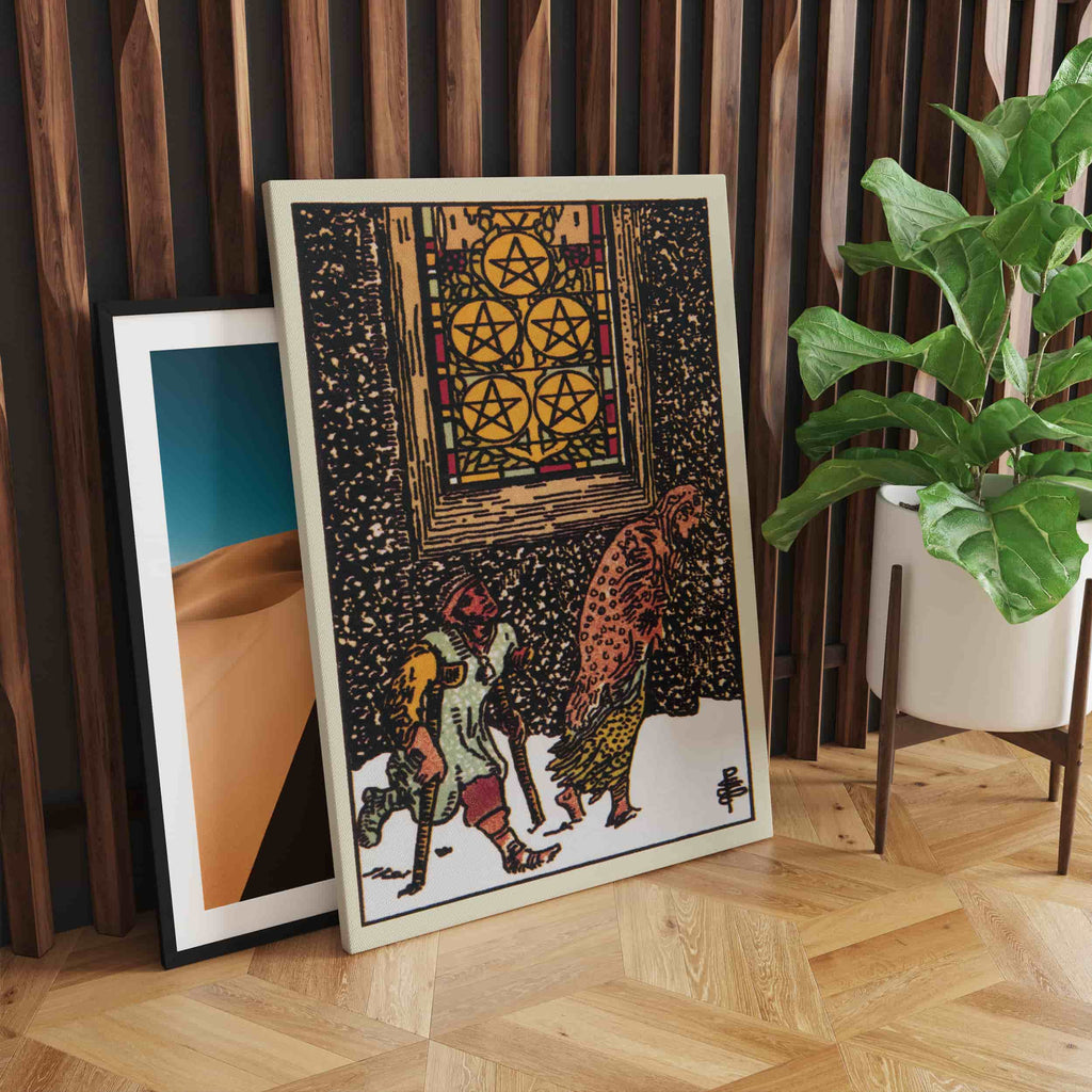 Five of Pentacles Tarot Card Art Print | Canvas wall art print by Wall Nostalgia. Custom Canvas Prints, Made in Calgary, Canvas wall art canada, Tarot Cards Printing Canada, Tarot Card Art Prints, Tarot Card canvas art, tarot card art, Tarot Cards Canada,  five of pentacles Tarot Card Pictures, canvas prints canada