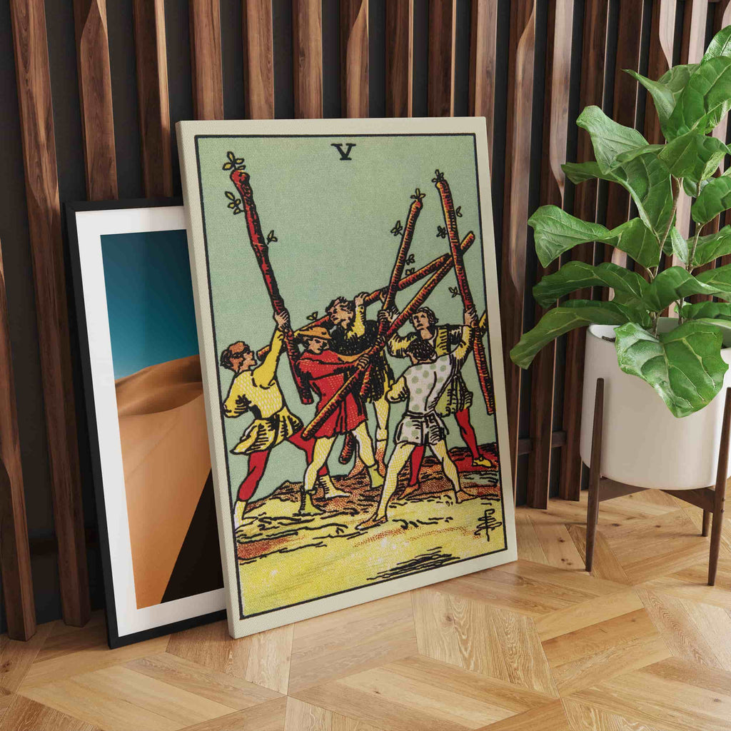 Five of Wands Tarot Card Art Print | Canvas wall art print by Wall Nostalgia. Custom Canvas Prints, Made in Calgary, Canvas wall art canada, Tarot Cards Printing Canada, five of wands Tarot Card Art Prints, Tarot Card canvas art, five of wands tarot card art, Tarot Card Canada, Tarot Card Pictures, canvas prints canada