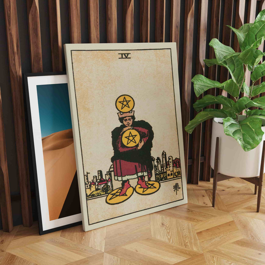 Four of Pentacles Art Print | Canvas wall art print by Wall Nostalgia. Custom Canvas Prints, Made in Calgary, Canvas wall art canada, Tarot Cards Printing Canada, Tarot Card Art Prints, Tarot Card canvas art, tarot card art, Tarot Cards Canada, Tarot Card Pictures, canvas prints Canada, four of pentacles tarot card art