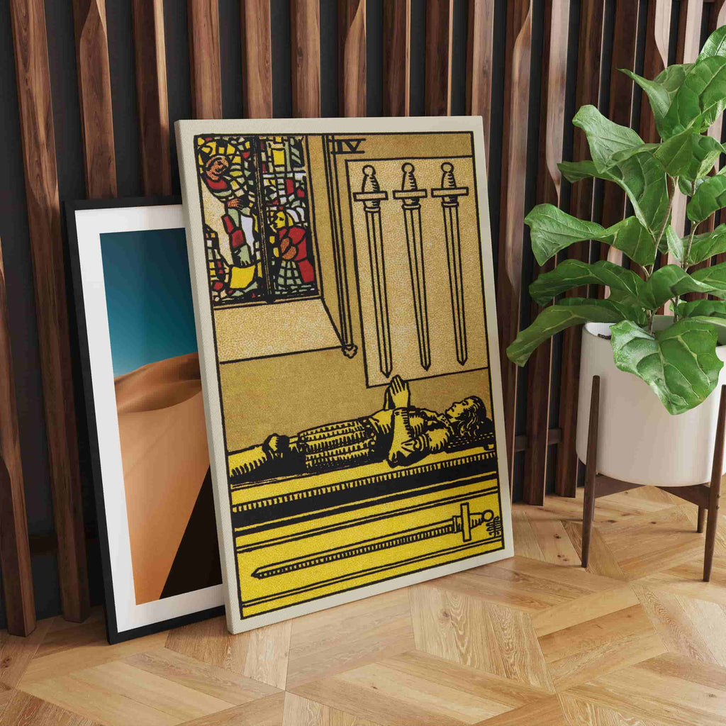 Four of Swords Tarot Art Print | Canvas wall art print by Wall Nostalgia. Custom Canvas Prints, Made in Calgary, Canvas wall art canada, Tarot Cards Printing Canada, Tarot Card Art Prints, Tarot Card canvas art, tarot card art, Tarot Cards Canada, Tarot Card Pictures, canvas prints Canada, four of swords tarot card art