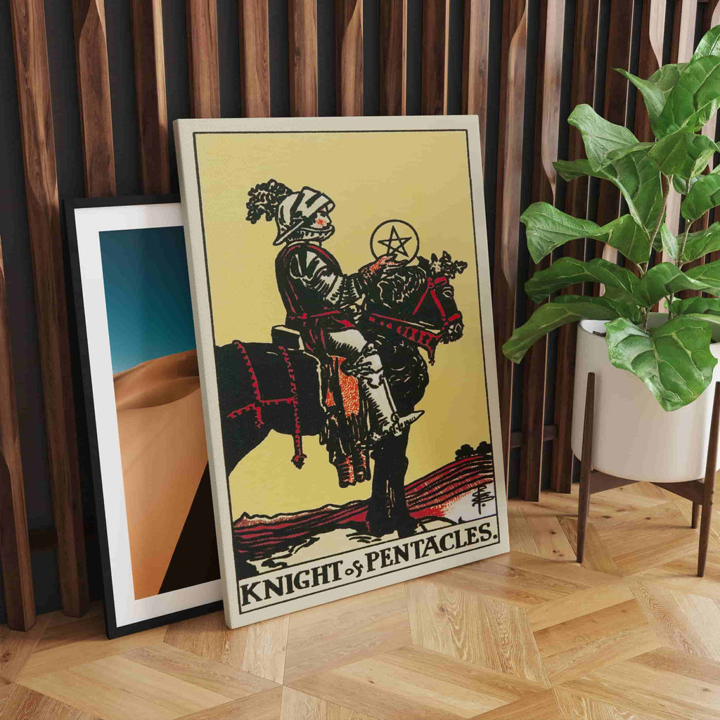 Knight of Pentacles Tarot Card Art Print | Canvas wall art print by Wall Nostalgia. Custom Canvas Prints, Made in Calgary, Canvas wall art canada, Tarot Cards Printing Canada, Tarot Card Art Prints, Knight of Pentacles Tarot Card canvas art, tarot card art, Tarot Cards Canada, Tarot Card Pictures, canvas prints Canada