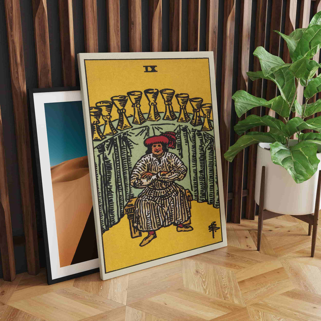 Nine of Cups Tarot Card Art Print | Canvas wall art print by Wall Nostalgia. Custom Canvas Prints, Made in Calgary, Canvas wall art canada, Tarot Cards Printing Canada, Nine of Cups Tarot Card Art Prints, Tarot Card canvas art, Nine of Cups tarot card art, Tarot Cards Canada, Tarot Card Pictures, canvas prints Canada