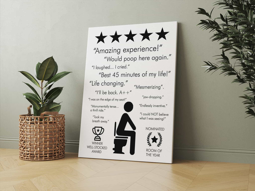 Bathroom Review Canvas Print | Canvas wall art print by Wall Nostalgia. Custom Canvas Prints, Made in Calgary, Canada | Large canvas print, framed canvas prints, bathroom review art print canada, bathroom review poster, bathroom review sign, bathroom art prints, bathroom art ideas, bathroom art, bathroom wall art print