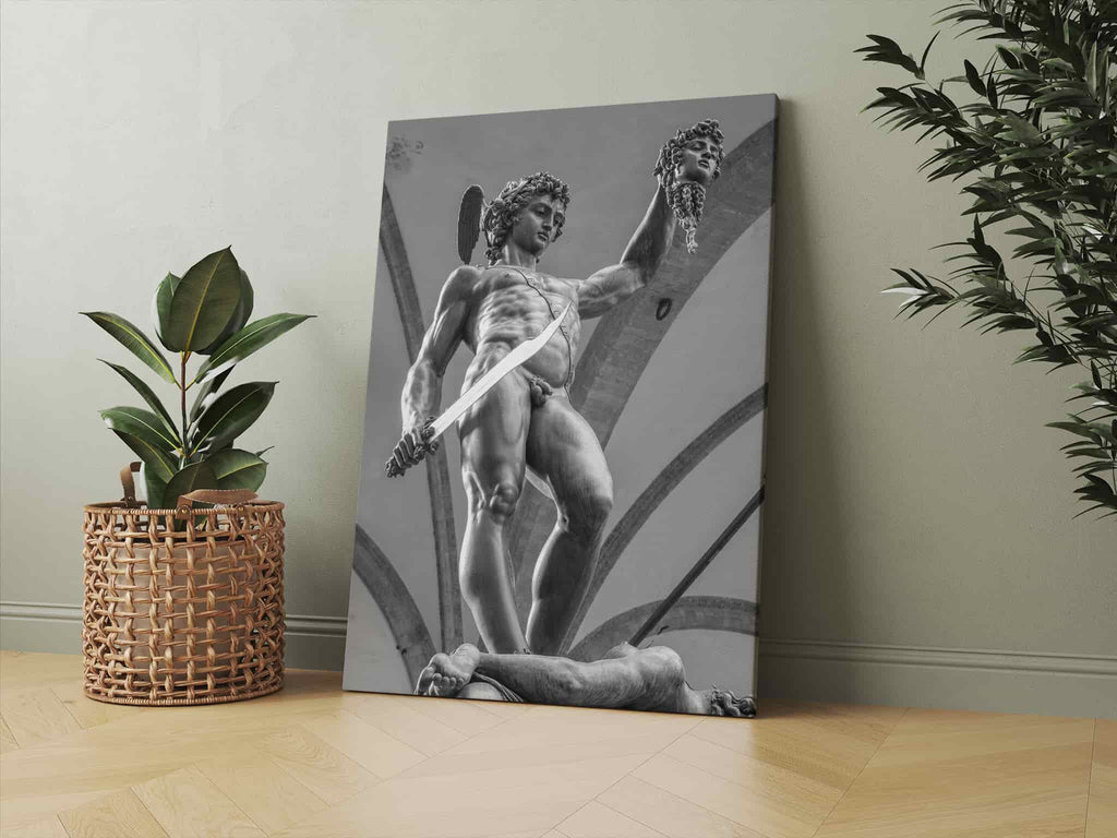 Perseus Print | Canvas wall art print by Wall Nostalgia. Custom Canvas Prints, Made in Calgary, Canada | Large canvas prints, framed canvas prints, Perseus and Medusa Canvas Print | Black and White Perseus Art Print, Greek Statue Wall Art, Greek Statue Print, Greek Art Print, Greek Print, Perseus and Medusa Wall Art