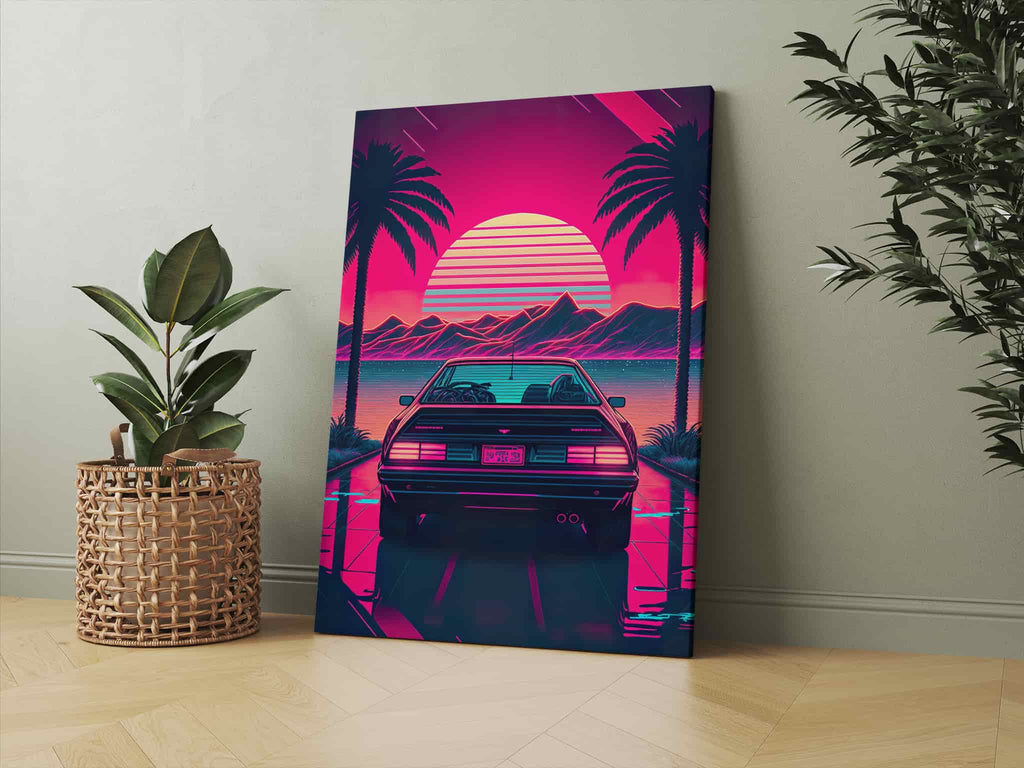 Retro Synthwave Car Print | Canvas wall art print by Wall Nostalgia. Custom Canvas Prints, Made in Calgary, Canada | Large canvas prints, framed canvas prints, Retro Synthwave Canvas Print, Synthwave Wall Art, Synthwave Canvas, Synthwave Art, Vaporwave Print, Vaporwave Wall Art, Vaporwave Canvas Art, Retro vaporwave