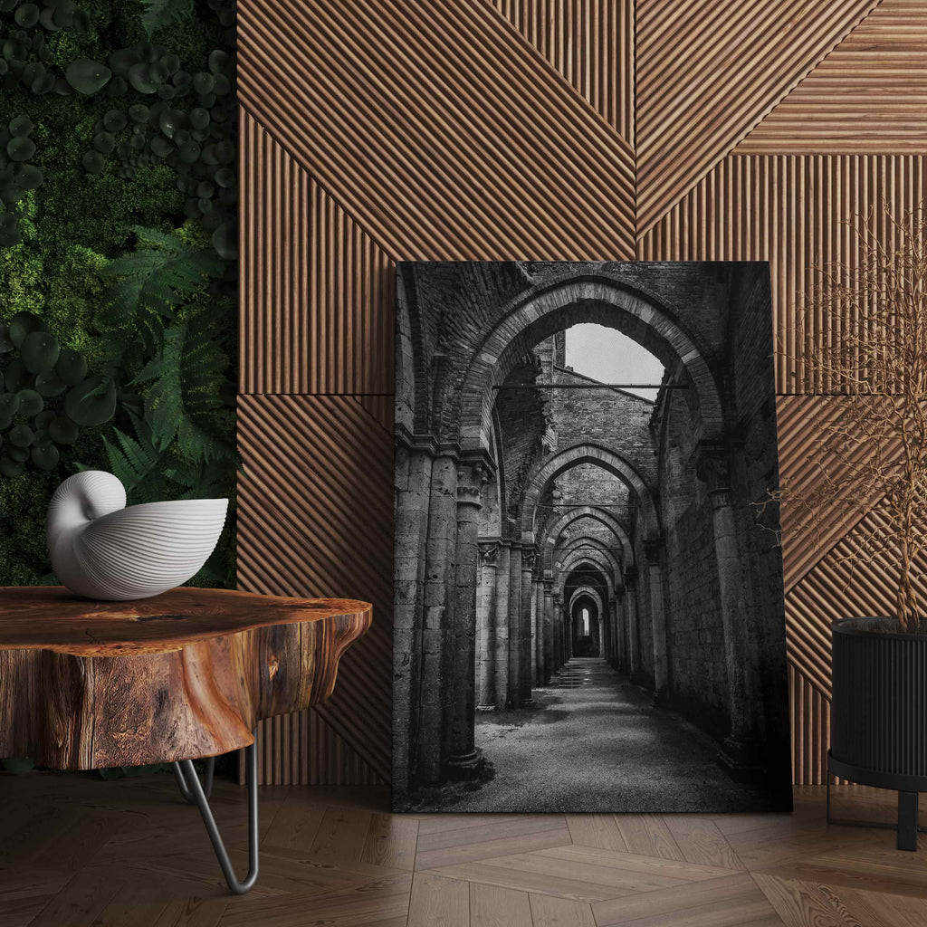 Stonework Corridors Canvas Print | Canvas wall art print by Wall Nostalgia. Custom Canvas Prints, Made in Calgary, Canada | Large canvas prints, Architecture Canvas Print, Door Print, Door Canvas Wall Art, Architecture Print, Architecture Art Print, Black and White Wall Art of Doorway, Black and White Photo Print