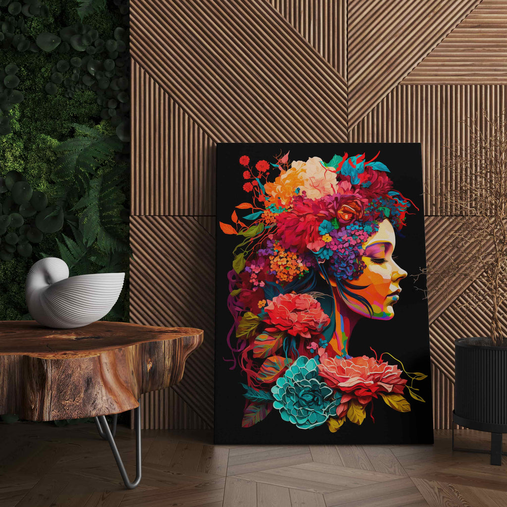 Flower Woman Print | Canvas wall art print by Wall Nostalgia. Custom Canvas Prints, Made in Calgary, Canada | Large canvas prints, framed canvas prints, Flower Woman Canvas Print | Feminine Wall Art, Girly Wall Art, Flower Head Art, Flower Head Woman, Flower Head Wall Art, Floral Art Print, Floral Head Print, Flowers