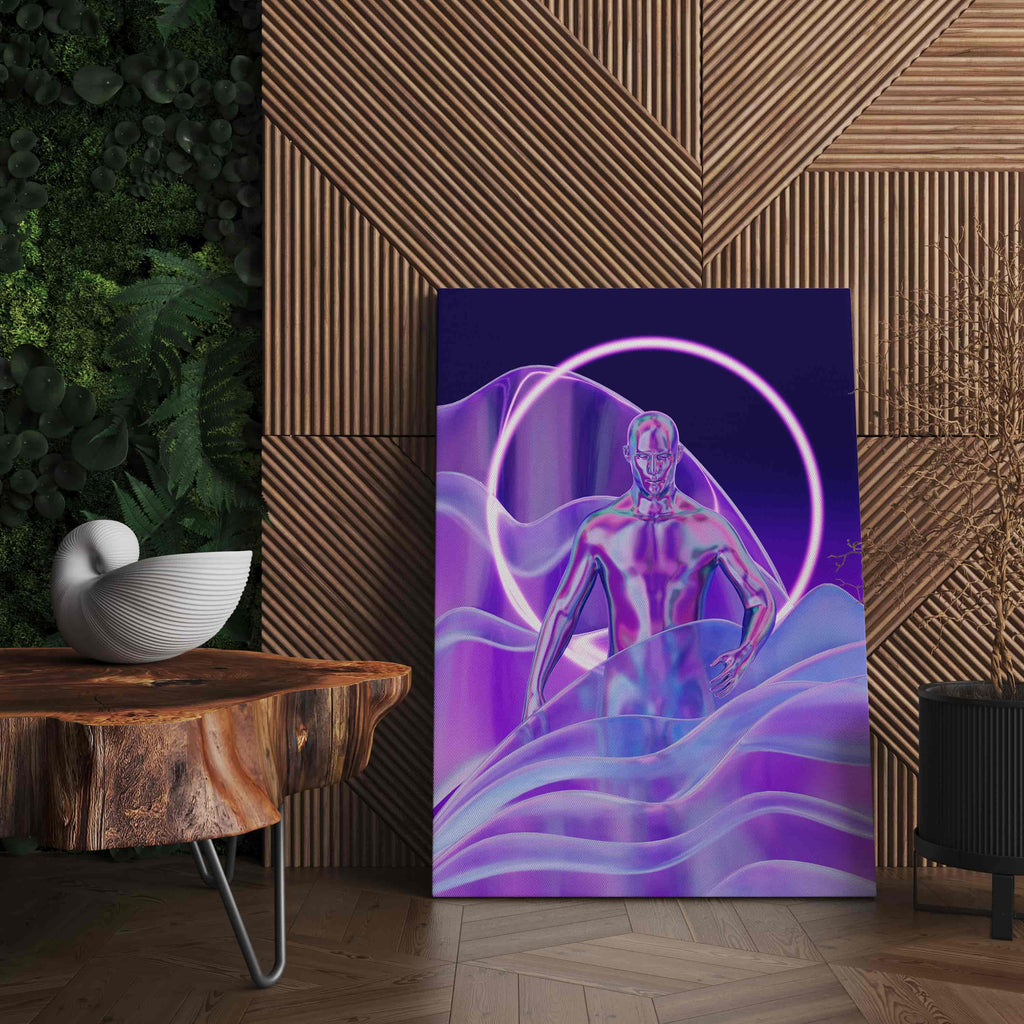 Holograph Man Synthwave Canvas Art Print | Canvas wall art print by Wall Nostalgia. Custom Canvas Prints, Made in Calgary, Canada | Large canvas prints, framed canvas prints, retrowave prints, Synthwave Holographic Art Print, Synthwave Canvas, Synthwave Art, Vaporwave Print, Vaporwave Wall Art, Vaporwave Canvas Art