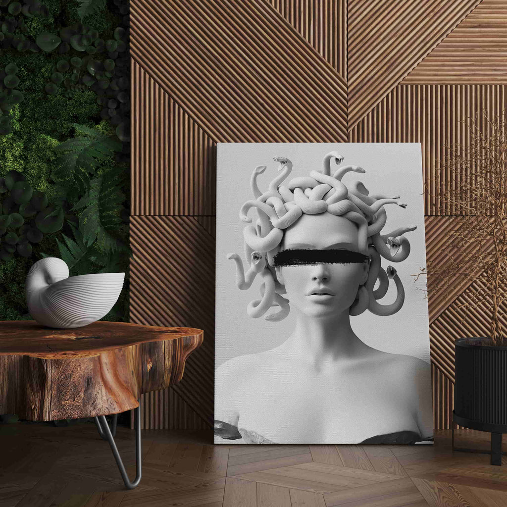Medusa Print | Canvas wall art print by Wall Nostalgia. Custom Canvas Prints, Made in Calgary, Canada | Large canvas prints, framed canvas prints, medusa art print, medusa wall art, medusa wall hanging, medusa decor, canvas wall art prints canada, trendy wall art prints canada, black and white medusa canvas art print