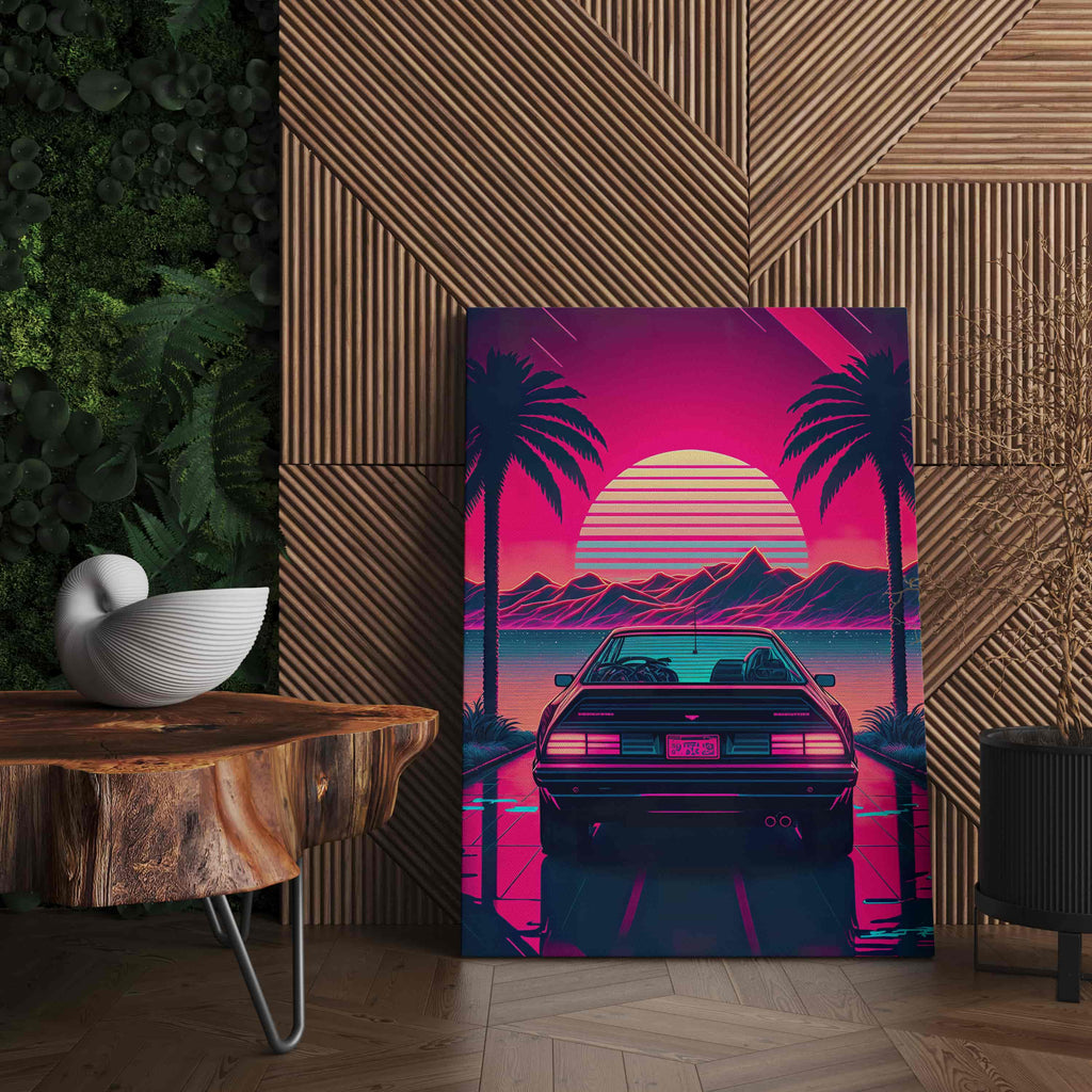 Retro Synthwave Car Print | Canvas wall art print by Wall Nostalgia. Custom Canvas Prints, Made in Calgary, Canada | Large canvas prints, framed canvas prints, Retro Synthwave Canvas Print, Synthwave Wall Art, Synthwave Canvas, Synthwave Art, Vaporwave Print, Vaporwave Wall Art, Vaporwave Canvas Art, Retro vaporwave