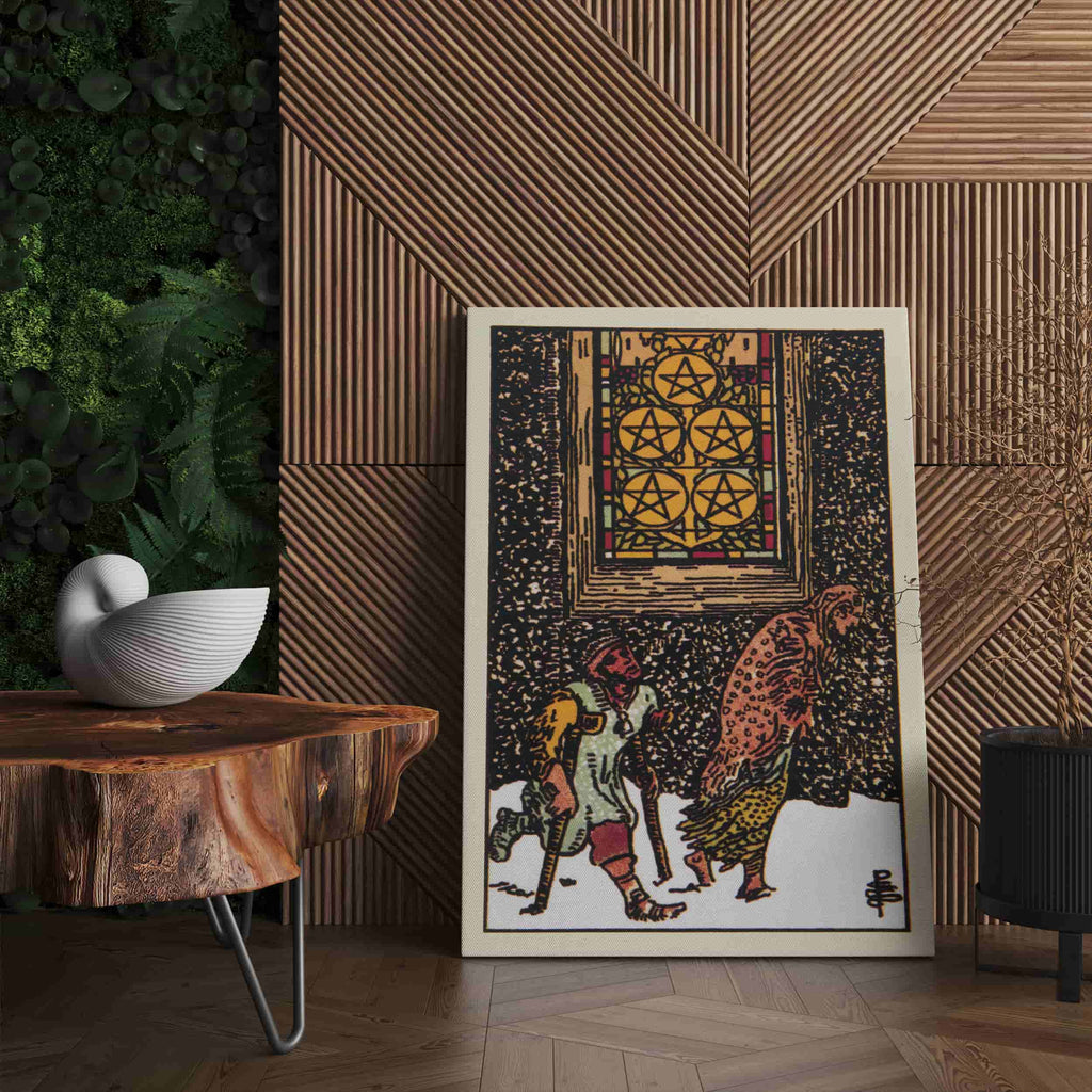Five of Pentacles Tarot Card Art Print | Canvas wall art print by Wall Nostalgia. Custom Canvas Prints, Made in Calgary, Canvas wall art canada, Tarot Cards Printing Canada, Tarot Card Art Prints, Tarot Card canvas art, tarot card art, Tarot Cards Canada,  five of pentacles Tarot Card Pictures, canvas prints canada
