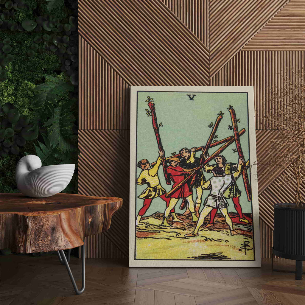 Five of Wands Tarot Card Art Print | Canvas wall art print by Wall Nostalgia. Custom Canvas Prints, Made in Calgary, Canvas wall art canada, Tarot Cards Printing Canada, five of wands Tarot Card Art Prints, Tarot Card canvas art, five of wands tarot card art, Tarot Card Canada, Tarot Card Pictures, canvas prints canada