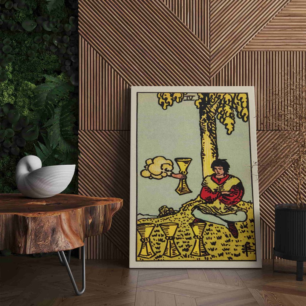 Four of Cups Tarot Card Art Print | Canvas wall art print by Wall Nostalgia. Custom Canvas Prints, Canvas wall art canada, Tarot Cards Printing Canada, Tarot Card Art Prints, Tarot Card canvas art, tarot card art, Tarot Cards Canada, Tarot Card Pictures, canvas prints Canada, four of cups tarot card wall art prints
