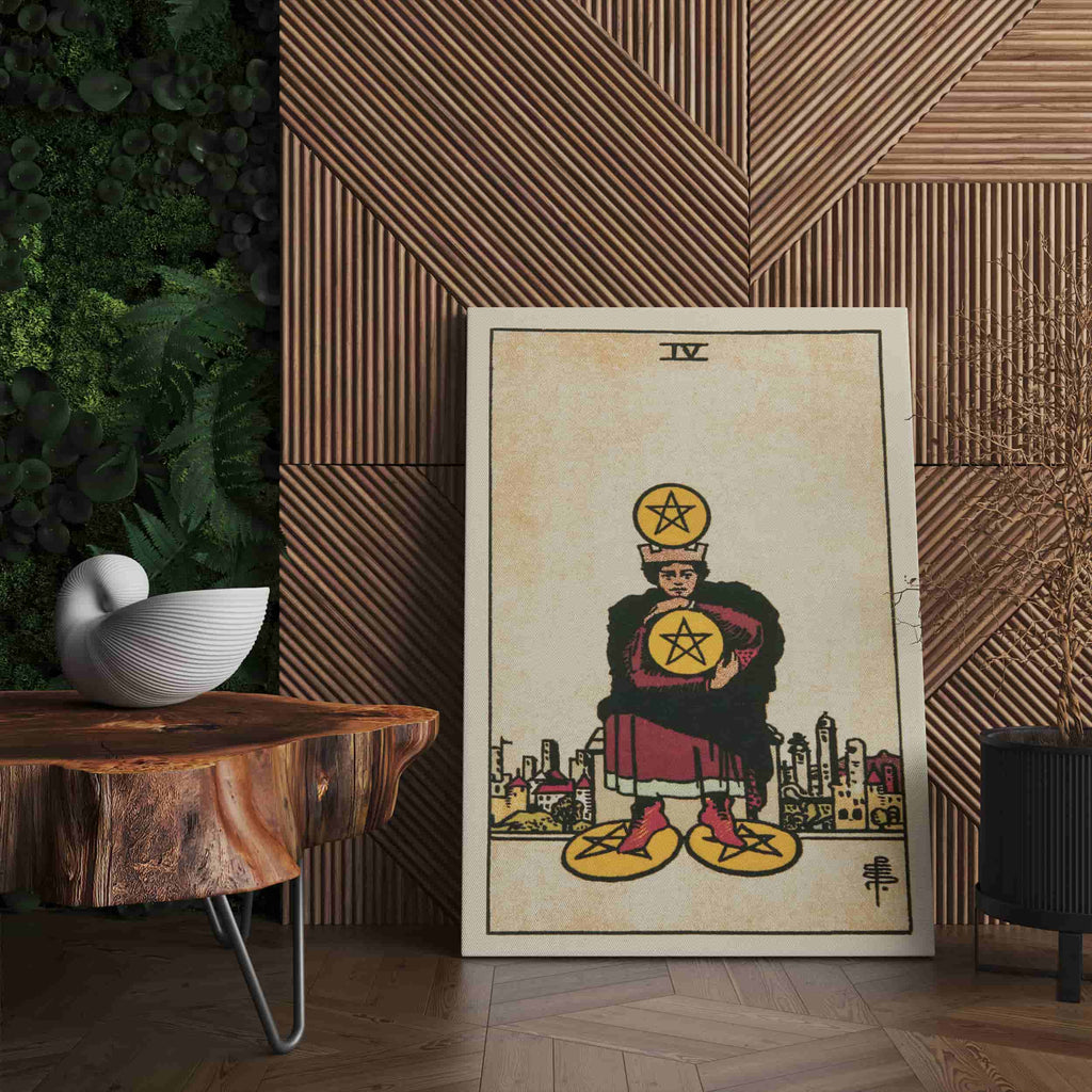 Four of Pentacles Art Print | Canvas wall art print by Wall Nostalgia. Custom Canvas Prints, Made in Calgary, Canvas wall art canada, Tarot Cards Printing Canada, Tarot Card Art Prints, Tarot Card canvas art, tarot card art, Tarot Cards Canada, Tarot Card Pictures, canvas prints Canada, four of pentacles tarot card art