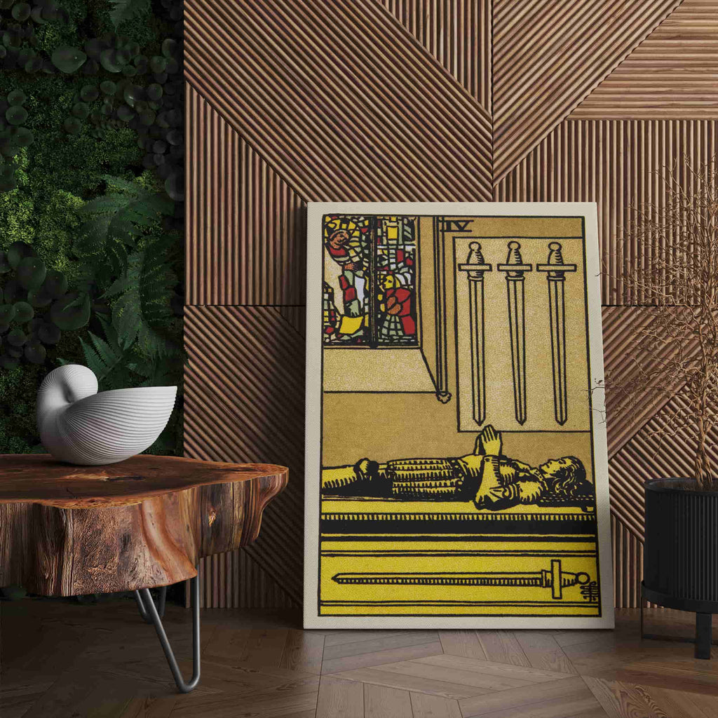 Four of Swords Tarot Art Print | Canvas wall art print by Wall Nostalgia. Custom Canvas Prints, Made in Calgary, Canvas wall art canada, Tarot Cards Printing Canada, Tarot Card Art Prints, Tarot Card canvas art, tarot card art, Tarot Cards Canada, Tarot Card Pictures, canvas prints Canada, four of swords tarot card art