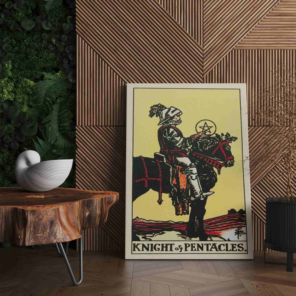 Knight of Pentacles Tarot Card Art Print | Canvas wall art print by Wall Nostalgia. Custom Canvas Prints, Made in Calgary, Canvas wall art canada, Tarot Cards Printing Canada, Tarot Card Art Prints, Knight of Pentacles Tarot Card canvas art, tarot card art, Tarot Cards Canada, Tarot Card Pictures, canvas prints Canada