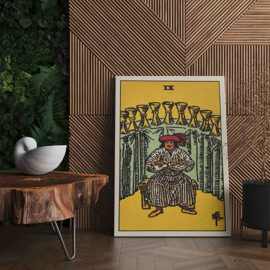 Nine of Cups Tarot Card Art Print | Canvas wall art print by Wall Nostalgia. Custom Canvas Prints, Made in Calgary, Canvas wall art canada, Tarot Cards Printing Canada, Nine of Cups Tarot Card Art Prints, Tarot Card canvas art, Nine of Cups tarot card art, Tarot Cards Canada, Tarot Card Pictures, canvas prints Canada