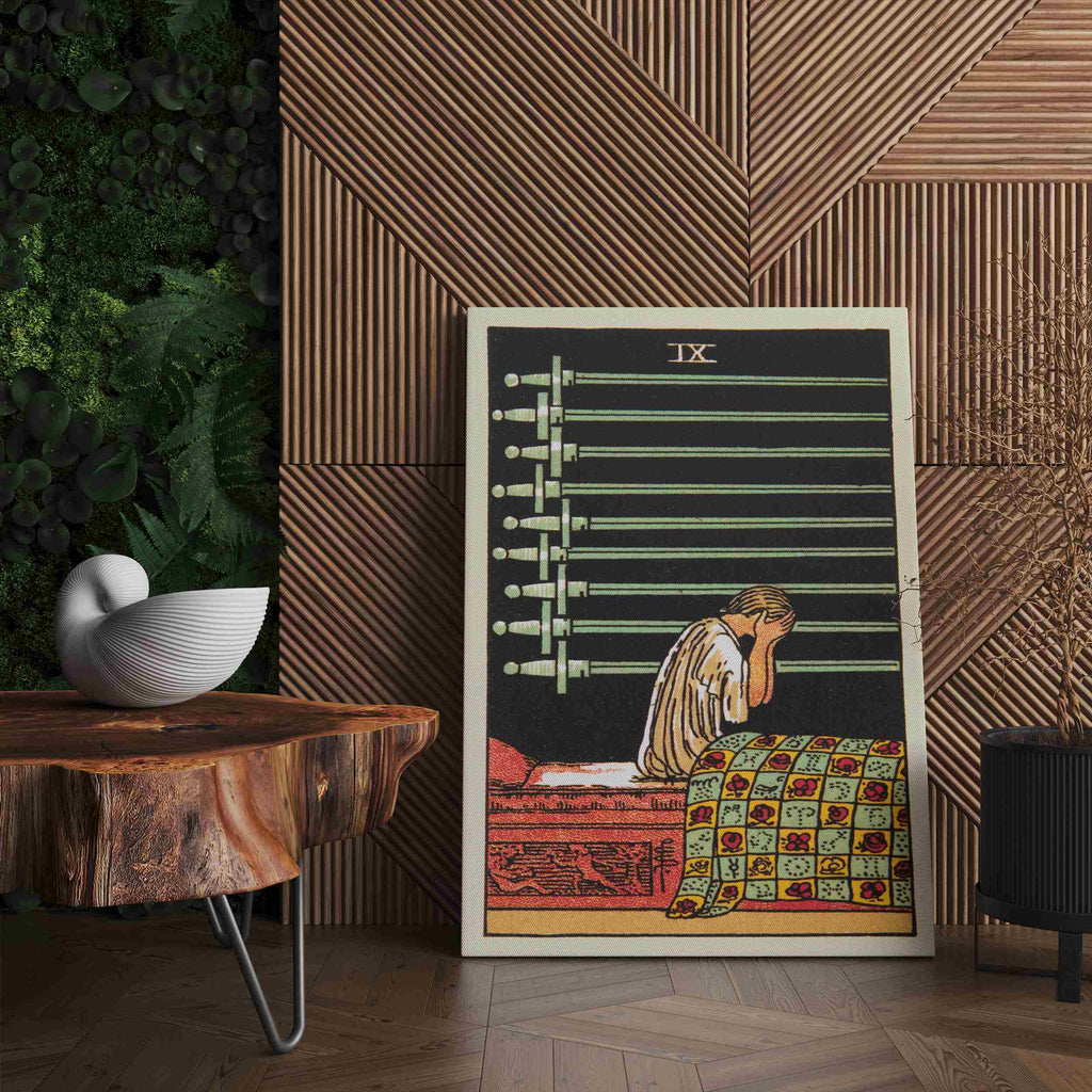Nine of Swords Tarot Card Canvas Print | Canvas wall art print by Wall Nostalgia. Custom Canvas Prints, Made in Calgary, Canvas wall art canada, Tarot Cards Printing Canada, Tarot Card Art Prints, Tarot Card canvas art, tarot card art, Tarot Cards Canada, Tarot Card Pictures, canvas prints Canada, nine of swords tarot