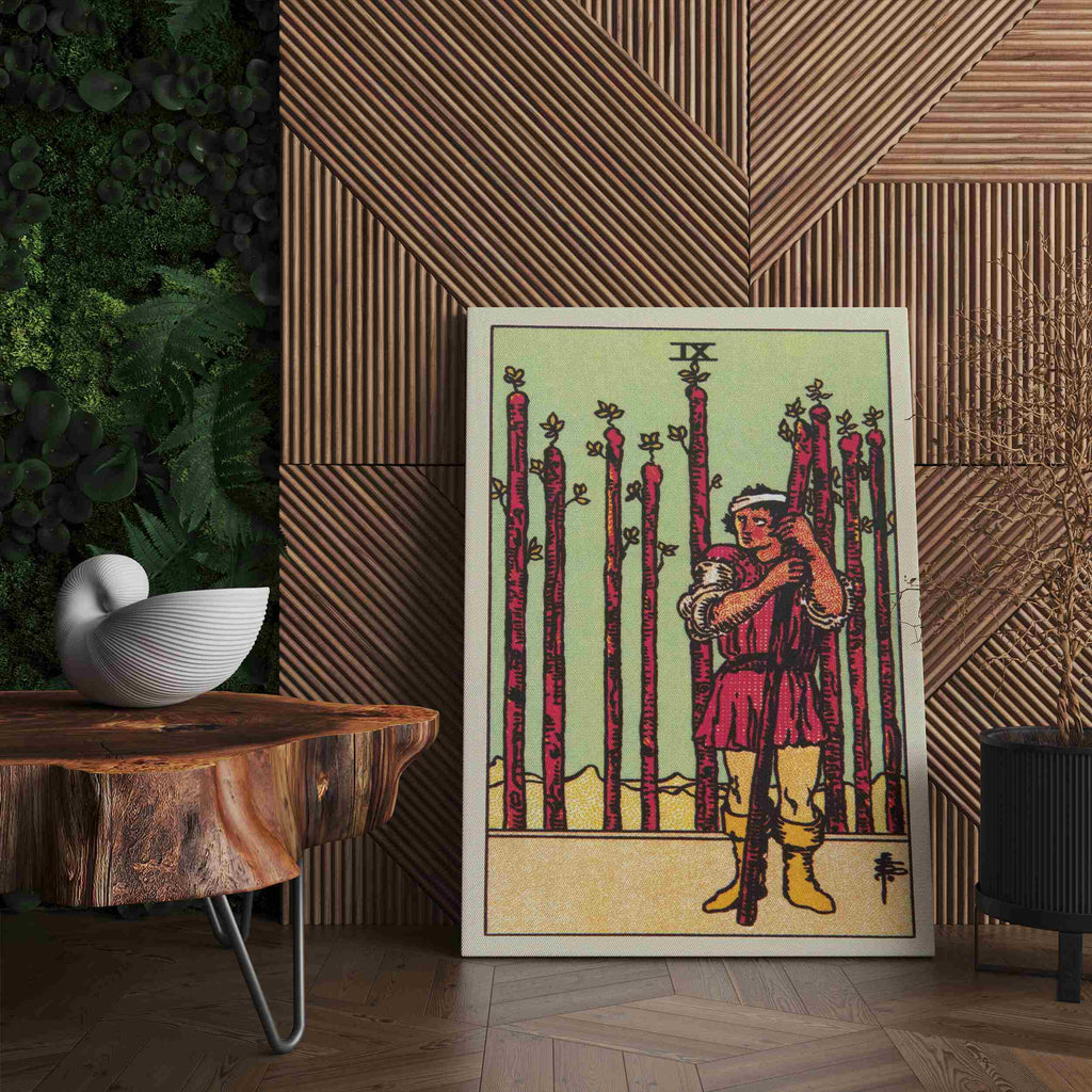 Nine of Wands Tarot Card Canvas Print | Canvas wall art print by Wall Nostalgia. Custom Canvas Prints, Made in Calgary, Canvas wall art canada, Tarot Cards Printing Canada, Nine of Wands Tarot Card Art Prints, Tarot Card canvas art, tarot card art, Tarot Cards Canada, Tarot Card Pictures, canvas prints Canada, wall art