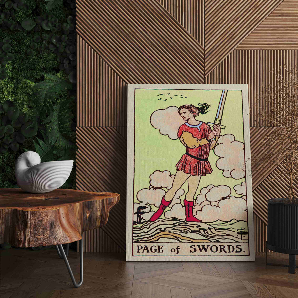 Page of Swords Tarot Card Canvas Print | Canvas wall art print by Wall Nostalgia. Custom Canvas Prints, Made in Calgary, Canvas wall art canada, Tarot Cards Printing Canada, Page of Swords Tarot Card Art Prints, Tarot Card canvas art, tarot card art, Tarot Cards Canada, Tarot Card Pictures, canvas prints Canada