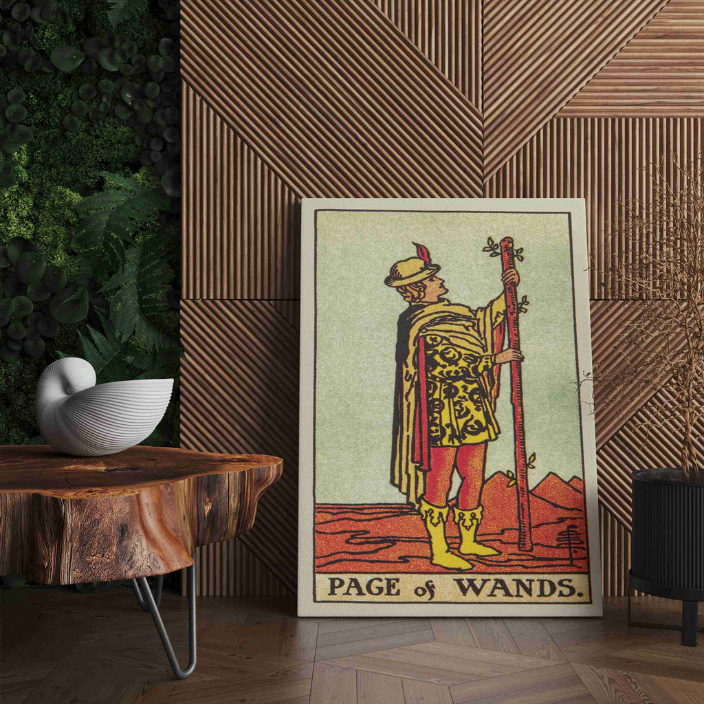 Page of Wands Tarot Card Canvas Print | Canvas wall art print by Wall Nostalgia. Custom Canvas Prints, Made in Calgary, Canvas wall art canada, Tarot Cards Printing Canada, Tarot Card Art Prints, Tarot Card canvas art, page of wands tarot card art, Tarot Cards Canada, Tarot Card Pictures, canvas prints Canada