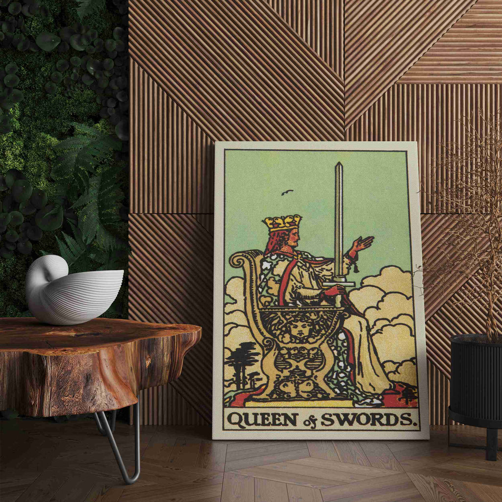 Queen of Swords Tarot Card Canvas Print | Canvas wall art print by Wall Nostalgia. Custom Canvas Prints, Made in Calgary, Canvas wall art canada, Tarot Cards Printing Canada, queen of swords Tarot Card Art Prints, Tarot Card canvas art, tarot card art, Tarot Cards Canada, Tarot Card Pictures, canvas prints Canada