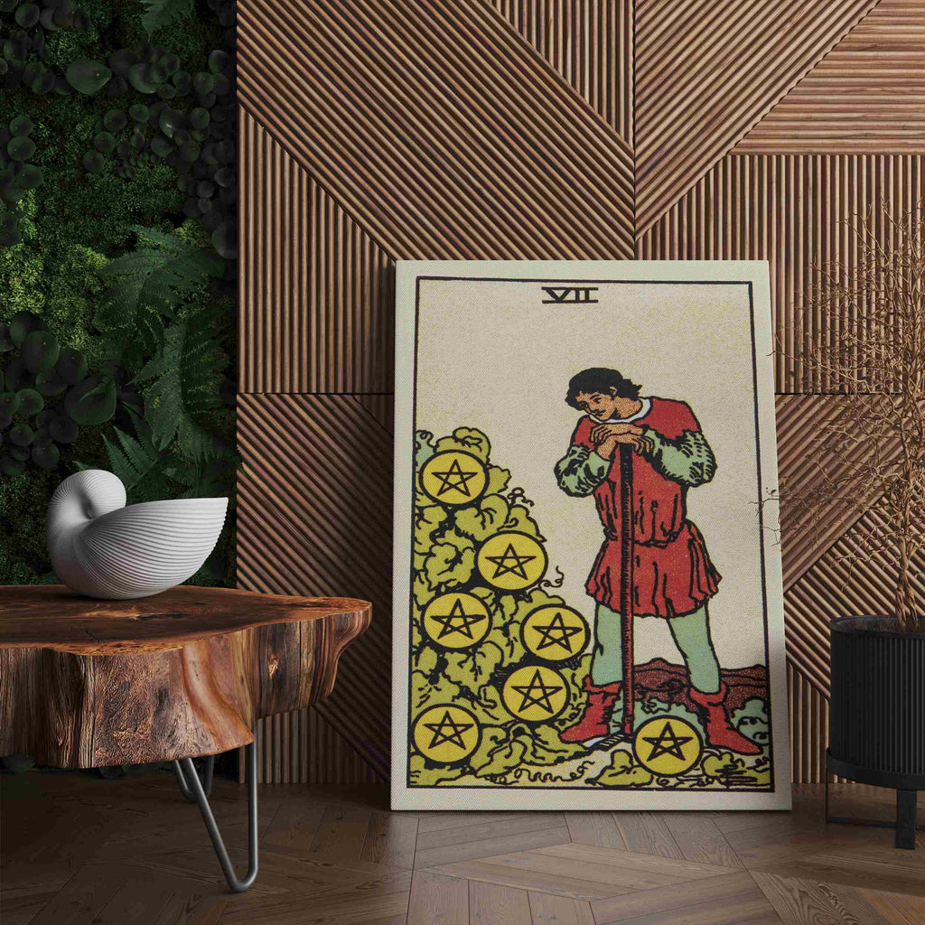 Seven of Pentacles Tarot Card Canvas Print | Canvas wall art prints by Wall Nostalgia. Custom canvas prints made in Calgary, canvas wall art canada, tarot cards printing Canada, tarot card art prints, tarot card canvas art, seven of pentacles tarot card art, tarot cards canada, tarot card pictures, canvas prints Canada