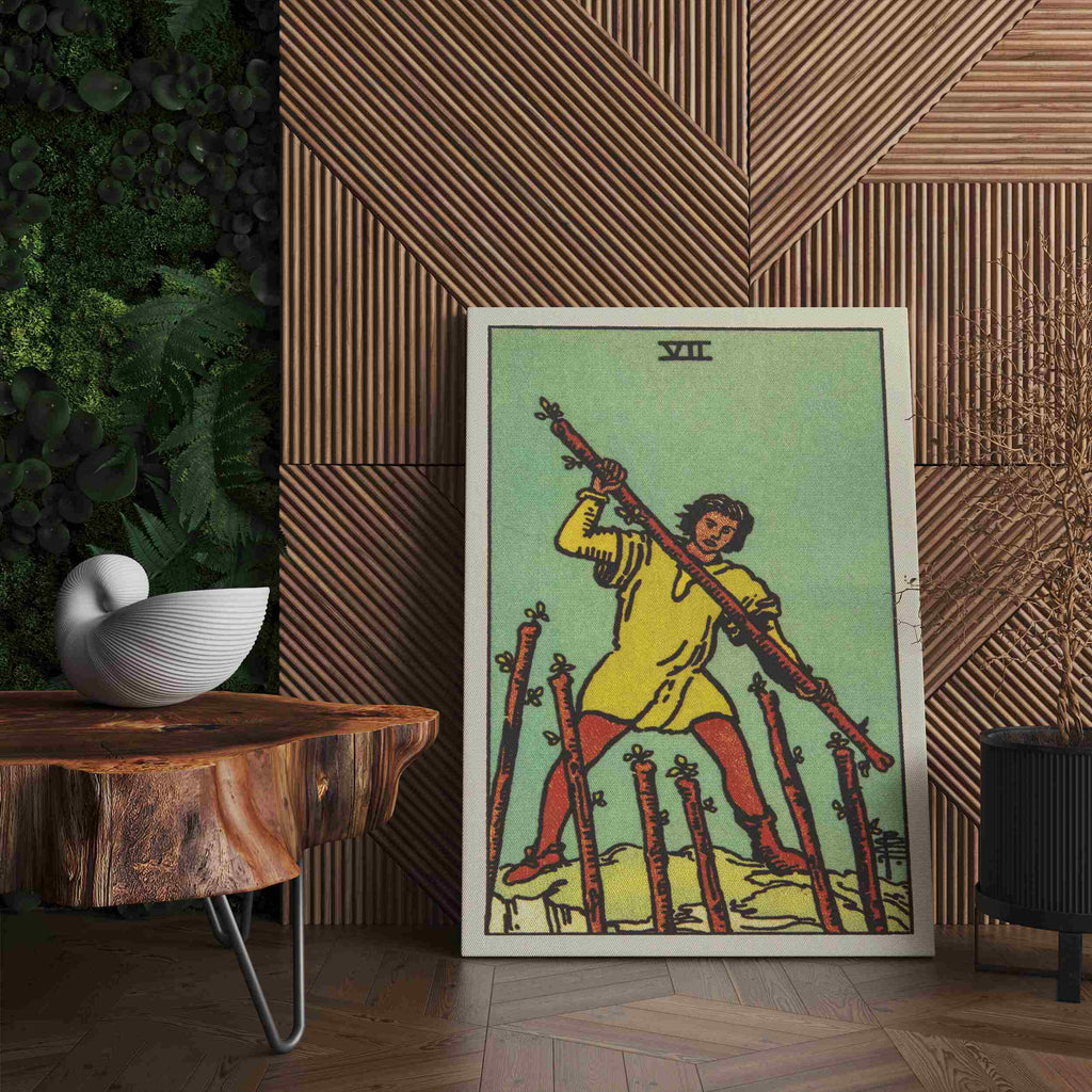 Seven of Wands Tarot Card Canvas Print | Canvas wall art prints by Wall Nostalgia. Custom canvas prints made in Calgary, canvas wall art canada, tarot cards printing Canada, tarot card art prints, tarot card canvas art, seven of wands tarot card art, tarot cards canada, tarot card pictures, canvas prints Canada, tarot